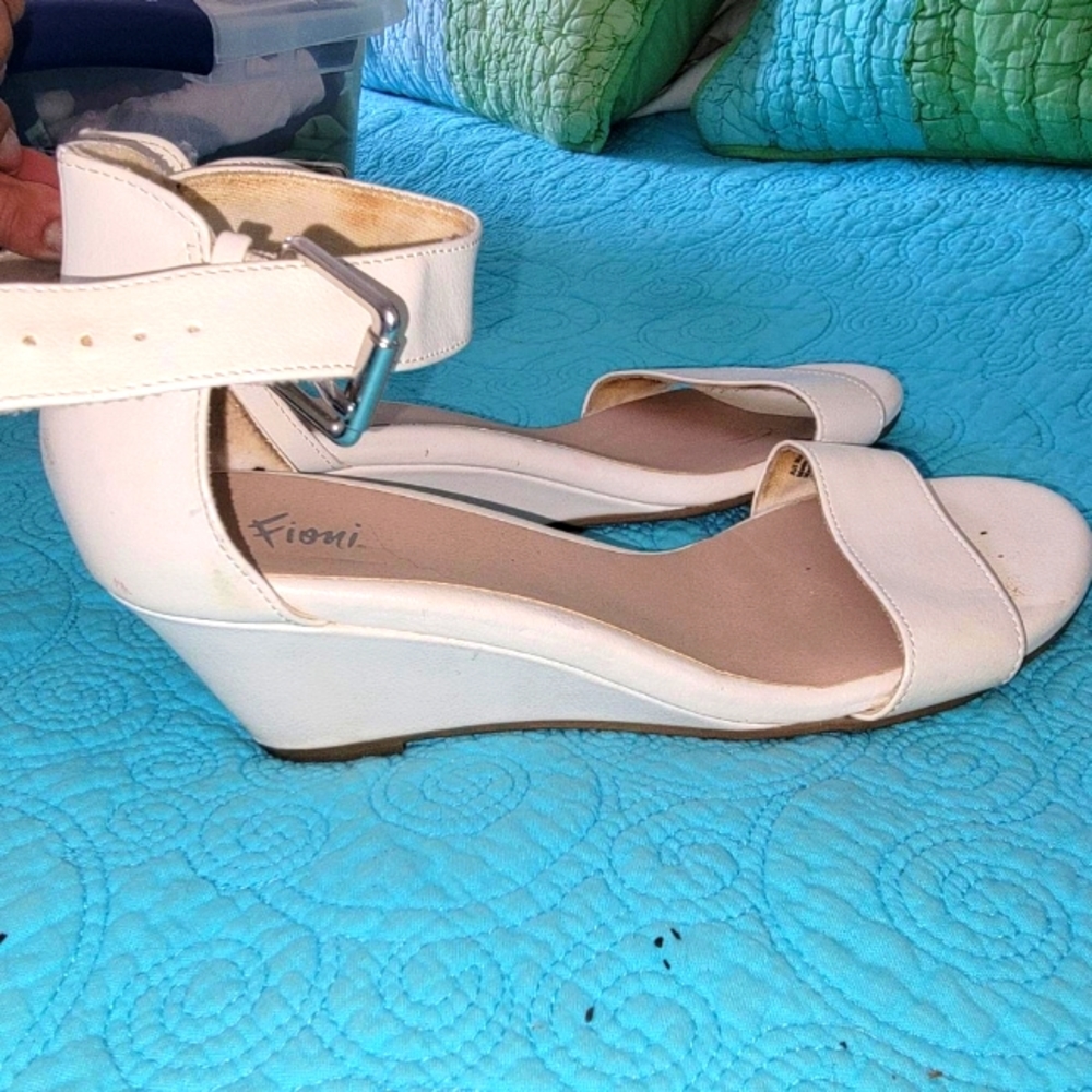 Ladies cream colored strap ankle 2" wedge sandal